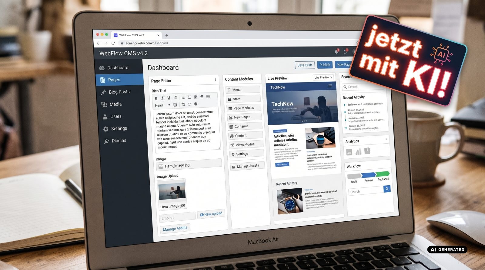 Ein Laptop Screen, der das Bild fast ausfüllt und auf dem ein Redaktionssystem für Websites zu sehen ist, generisch natürlich, komplexe Bedienelemente, und wo o